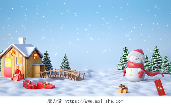 C4D圣诞节林中小屋雪人礼物插画场景圣诞节3D插画